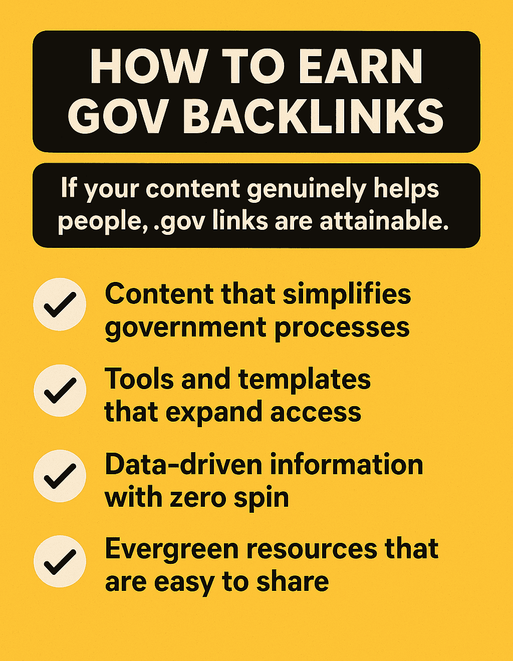 A checklist graphic titled “Would a government site link to you?” with five evaluation points including educational value, public benefit, accessibility, and credibility.