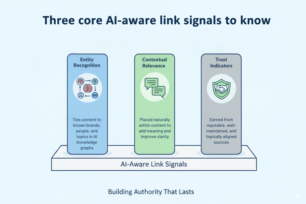 Infographic outlining three AI-aware link signals: entity recognition, contextual relevance, and trust indicators.