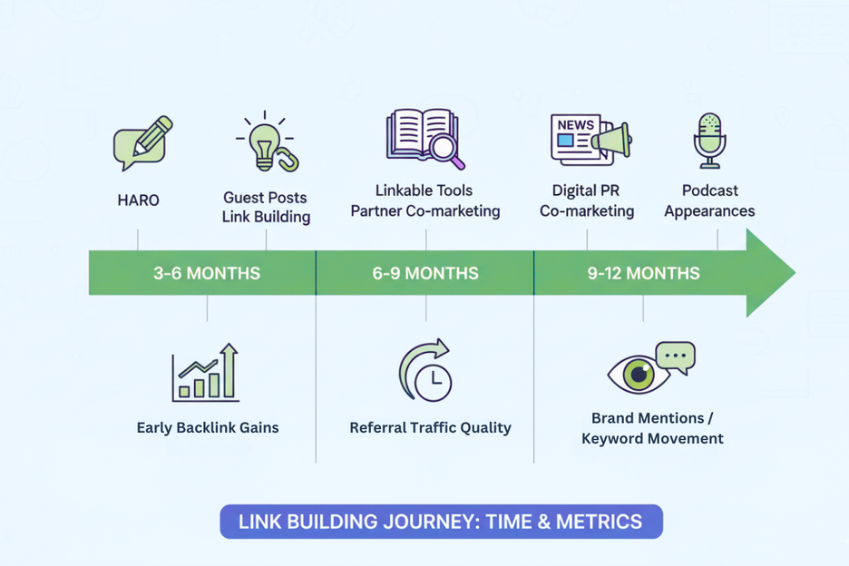 Timeline showing link building activities over 3–12 months with outcomes like backlink gains, referral traffic, and keyword movement