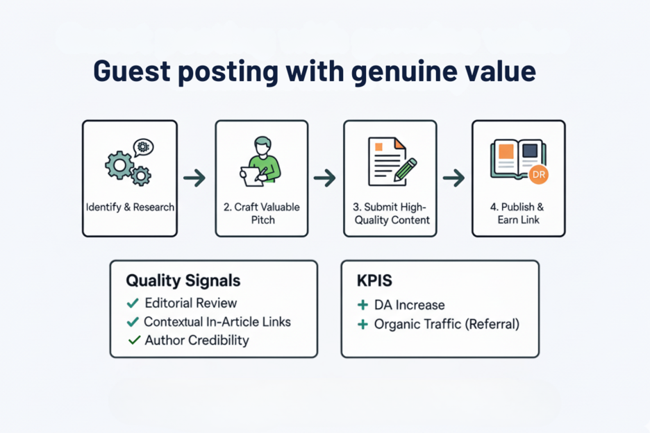 Steps for guest posting: research, craft pitch, submit content, and publish, with quality signals and key performance metrics.