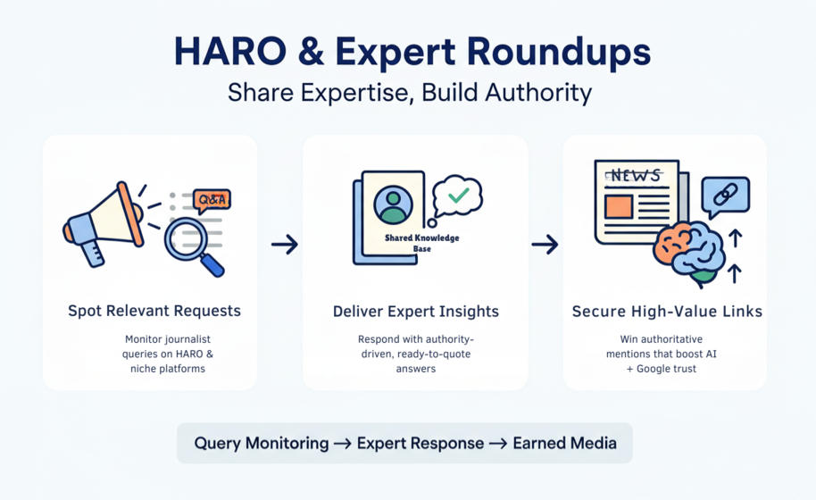 Process of using HARO and expert roundups to share expertise, deliver insights, and secure high-value links.