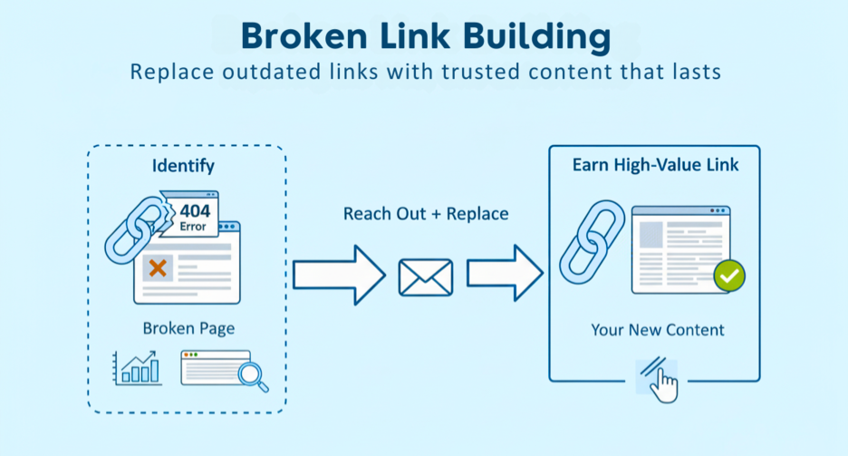 Infographic explaining broken link building: identify broken pages, reach out to site owners, and replace outdated links with new content to earn high-value backlinks.