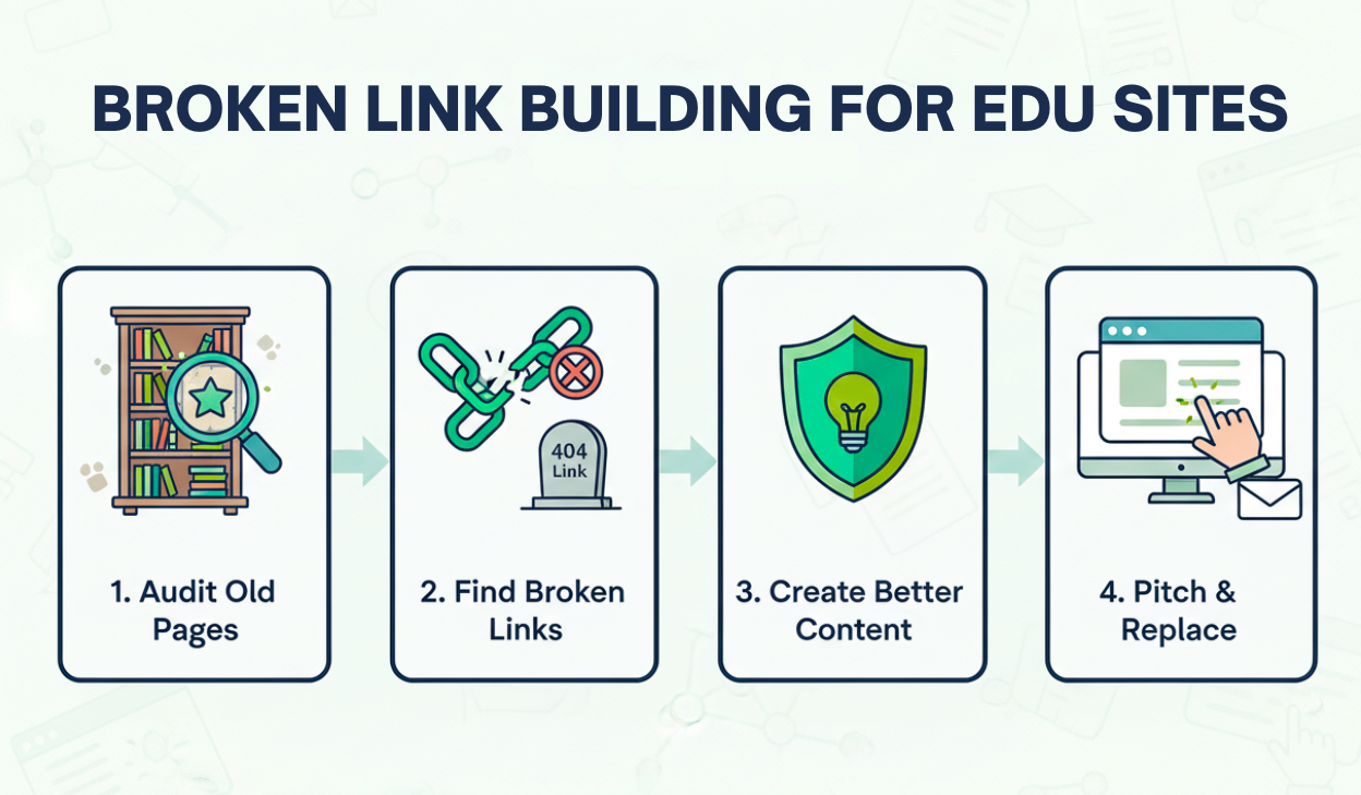 Infographic with four steps for EDU link building: audit old pages, find broken links, create better content, and pitch replacements.