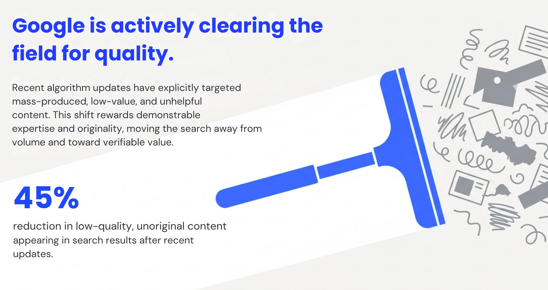 Graphic showing a 45 percent reduction in low-quality content visibility after recent Google algorithm updates.
