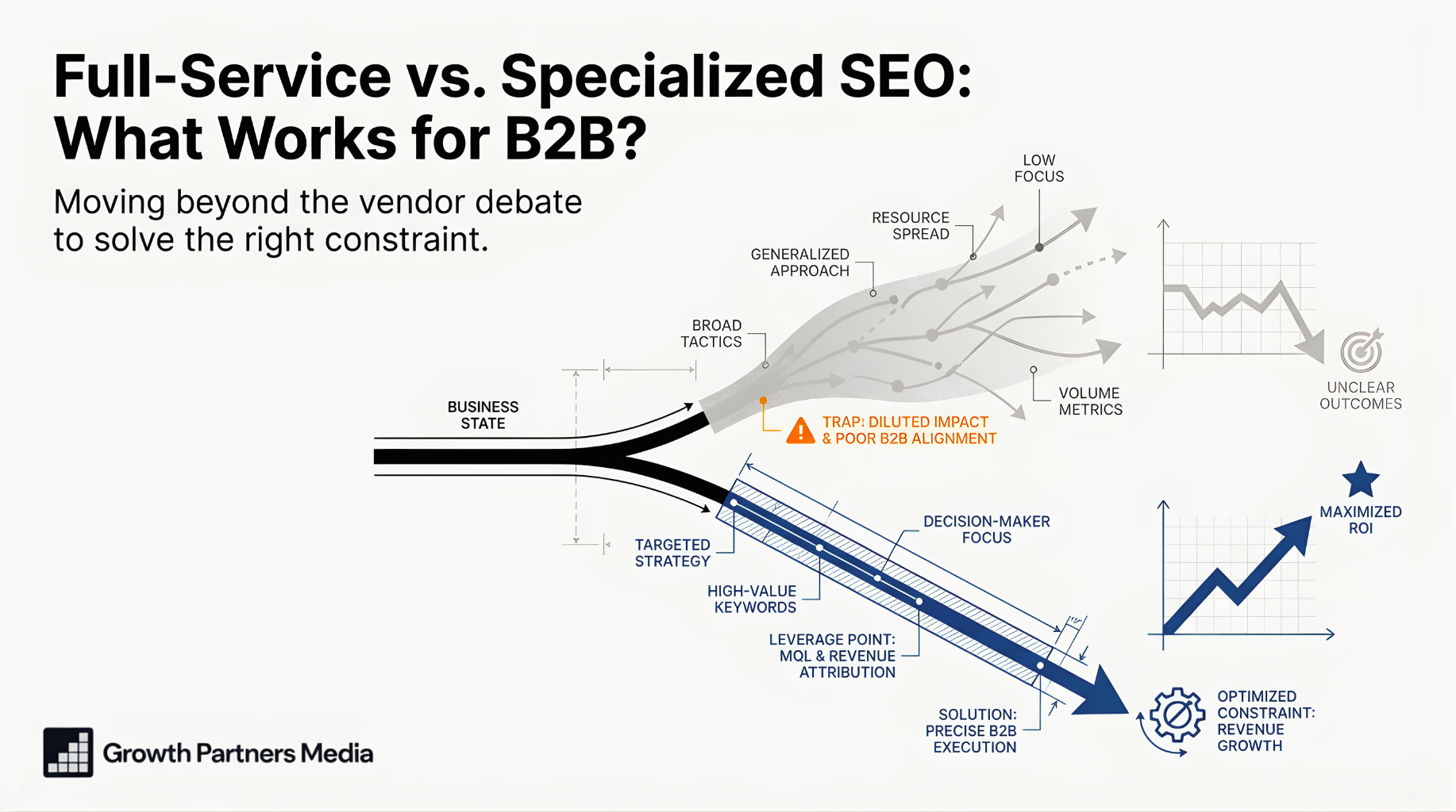 Diagram comparing full-service vs specialized SEO for B2B, showing diluted impact from broad tactics versus focused strategies that maximize revenue and ROI.