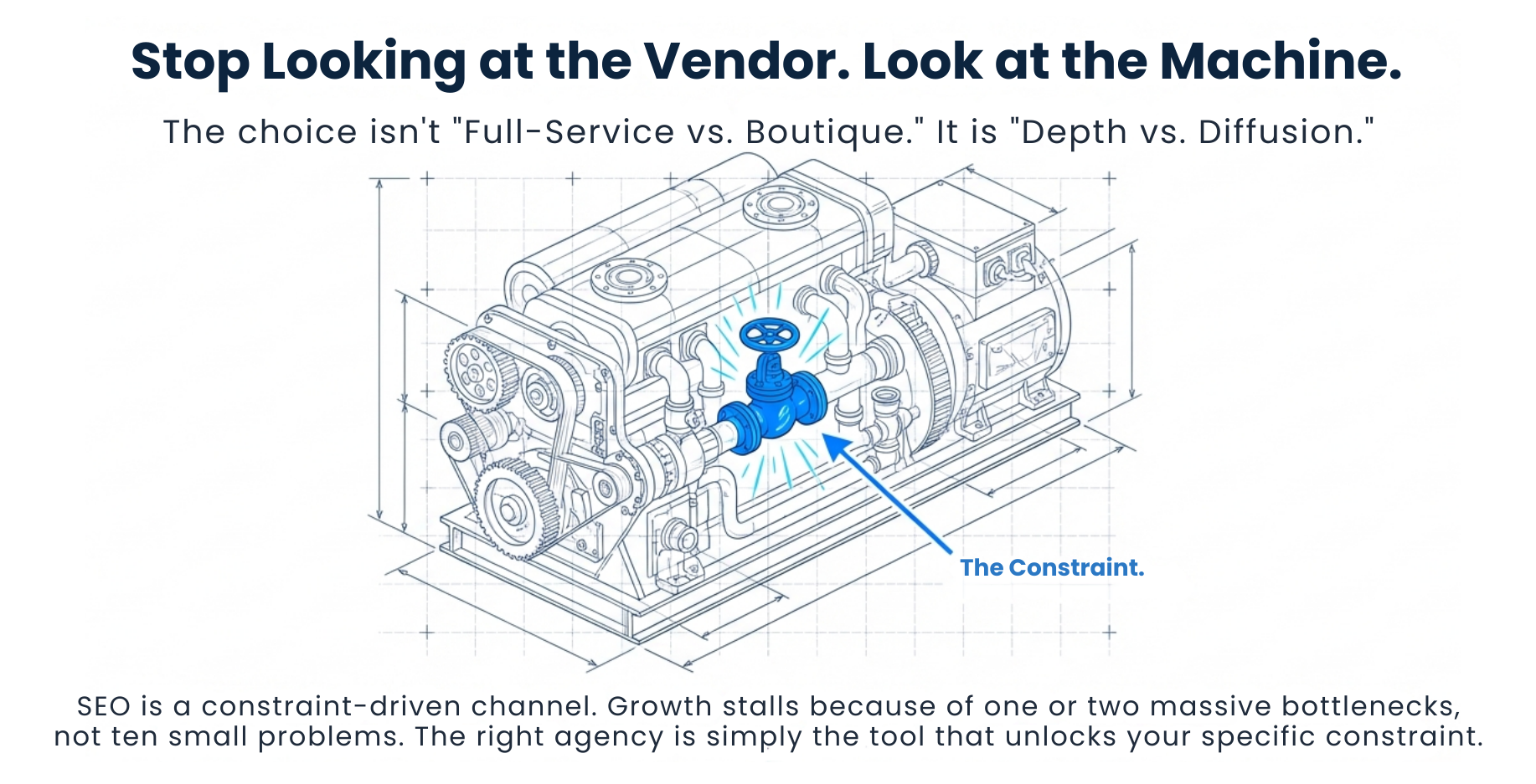 Mechanical system diagram showing SEO as a constraint-driven growth engine where the right agency unlocks the key bottleneck in the marketing machine.