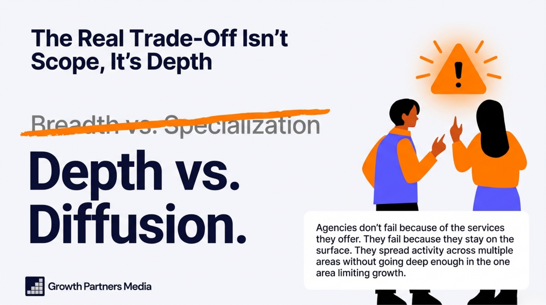 Illustration explaining depth vs diffusion in SEO strategy, showing how agencies fail when spreading efforts across many services instead of going deep in one area.