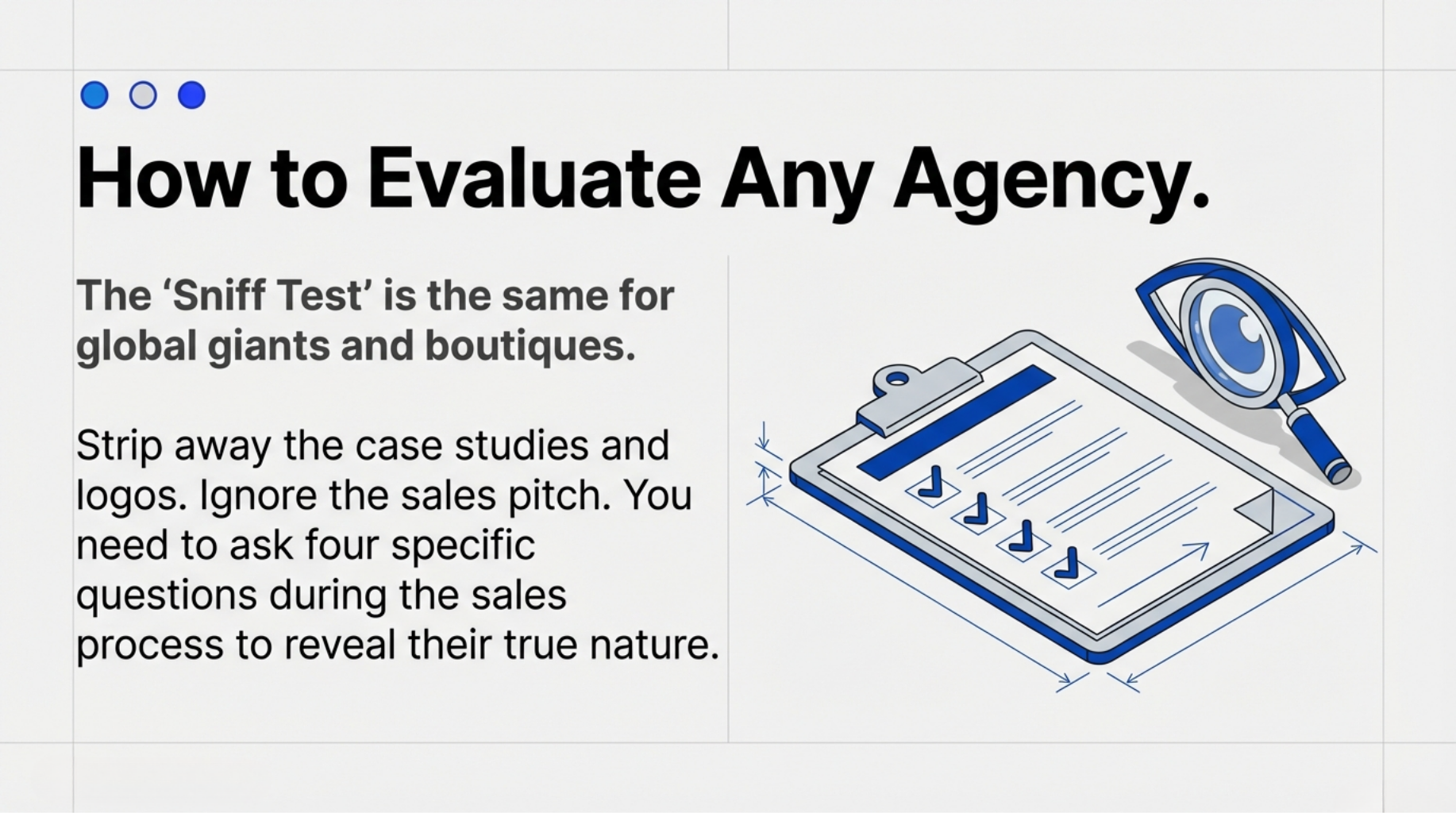 Checklist illustration explaining the SEO agency evaluation process and the four diagnostic questions used to reveal agency capability during the sales process.
